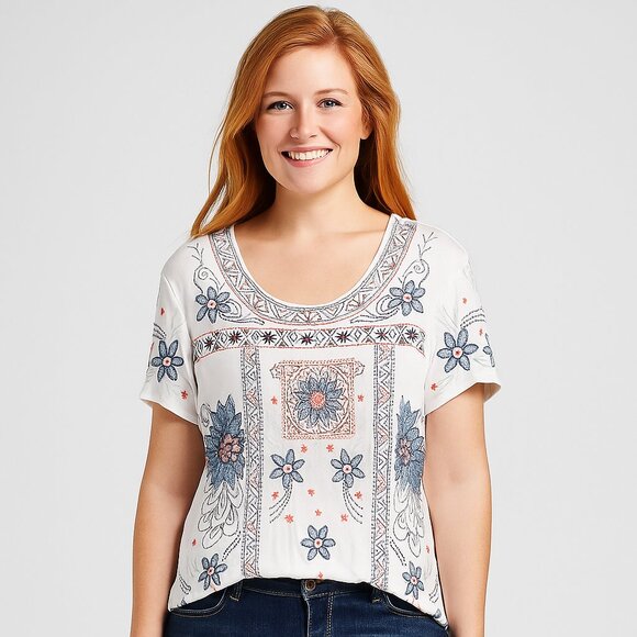 Peter Nygard Blue Coral Embroidered Floral Boho Top Blouse Size PL - Picture 10 of 10